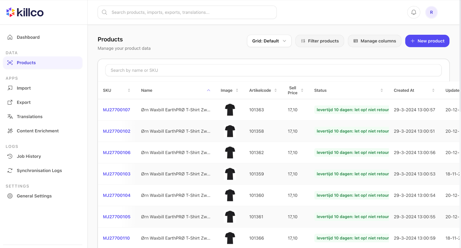 Killco PIM Dashboard — modern productbeheer interface